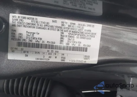 2013 Ford Focus Se z USA, uszkodzony, nr VIN 1FADP3F22DL317652